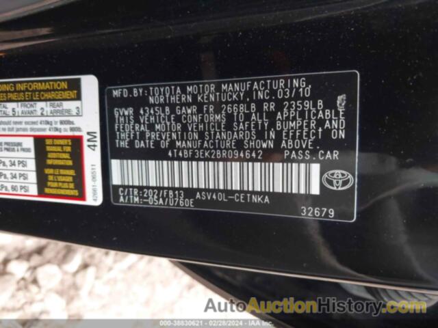 TOYOTA CAMRY SE/LE/XLE, 4T4BF3EK2BR094642