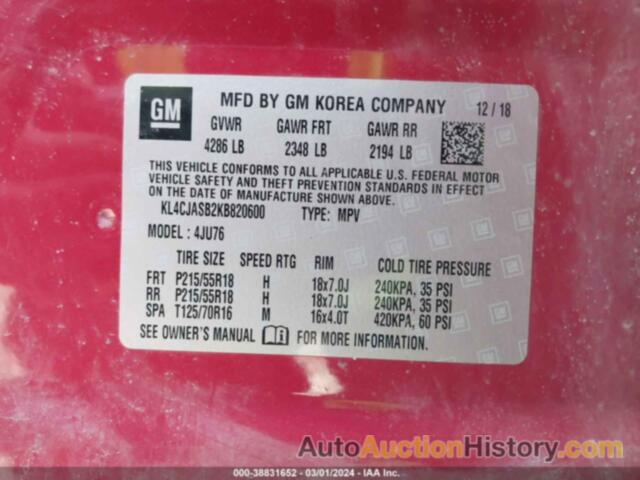 BUICK ENCORE FWD PREFERRED, KL4CJASB2KB820600