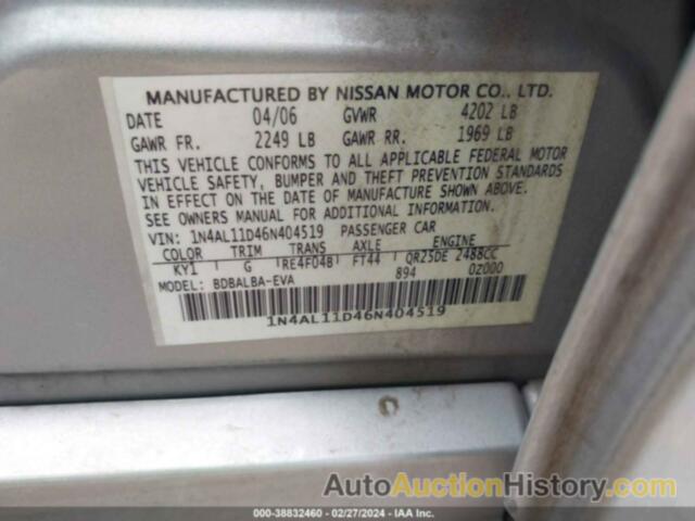 NISSAN ALTIMA S/SL, 1N4AL11D46N404519