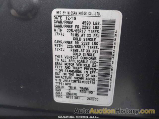 NISSAN ROGUE S FWD, JN8AT2MT5LW035716