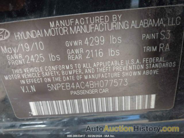 HYUNDAI SONATA GLS, 5NPEB4AC4BH077573