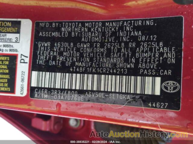 TOYOTA CAMRY XLE, 4T4BF1FK1CR244213