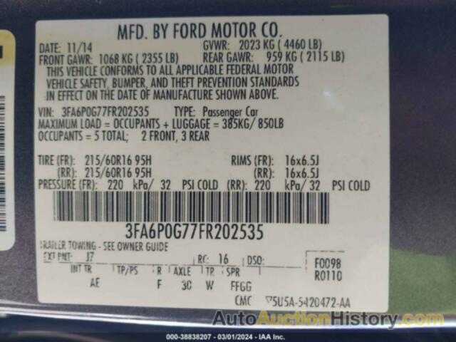 FORD FUSION S, 3FA6P0G77FR202535