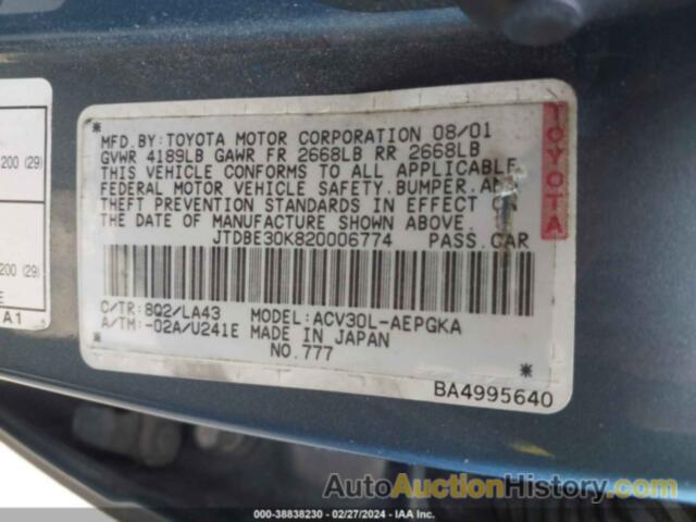 TOYOTA CAMRY XLE, JTDBE30K820006774