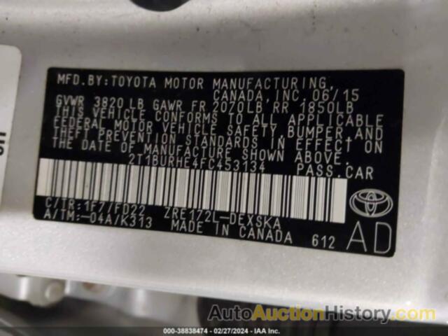 TOYOTA COROLLA L/LE/LE PLS/PRM/S/S PLS, 2T1BURHE4FC453134