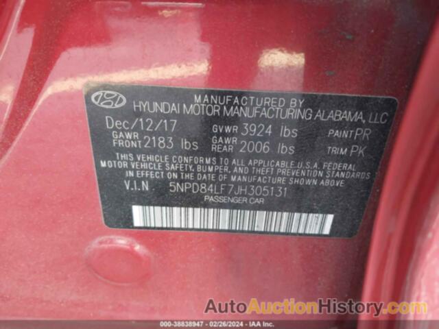 HYUNDAI ELANTRA SEL, 5NPD84LF7JH305131