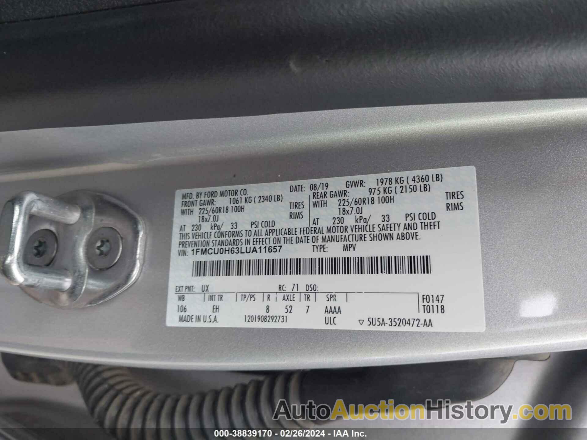 FORD ESCAPE SEL, 1FMCU0H63LUA11657