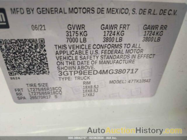 GMC SIERRA 1500 4WD  SHORT BOX AT4, 3GTP9EED4MG380717