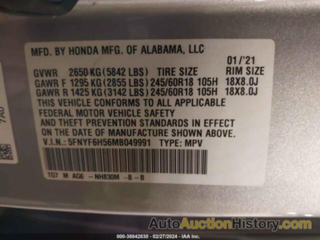 HONDA PILOT AWD EX-L, 5FNYF6H56MB049991