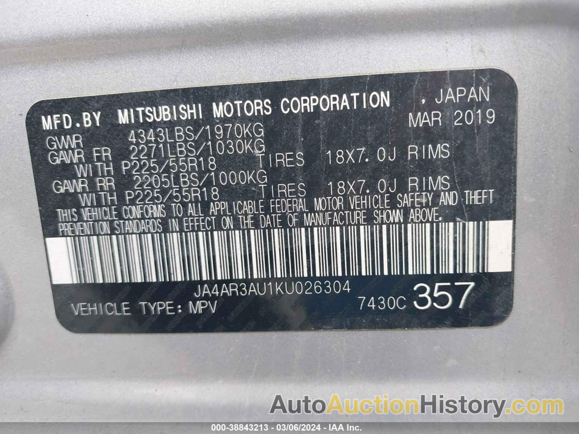 MITSUBISHI OUTLANDER SPORT ES/SE/LE/SP, JA4AR3AU1KU026304