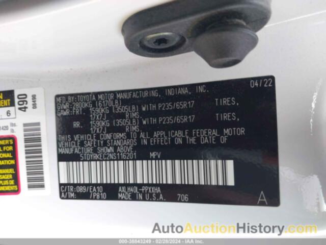 TOYOTA SIENNA XLE, 5TDYRKEC2NS116201