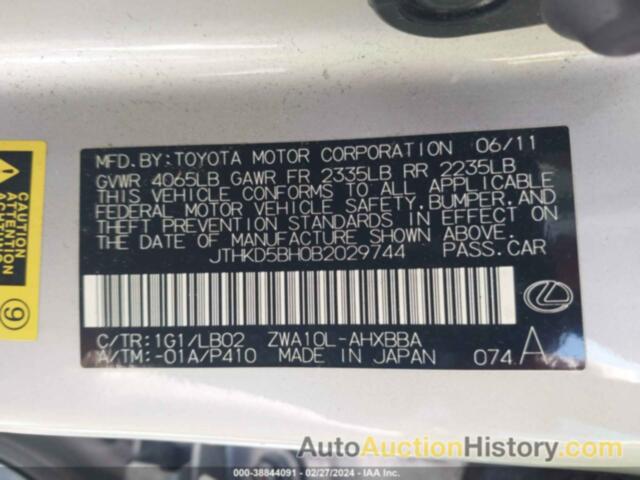 LEXUS CT 200H 200, JTHKD5BH0B2029744