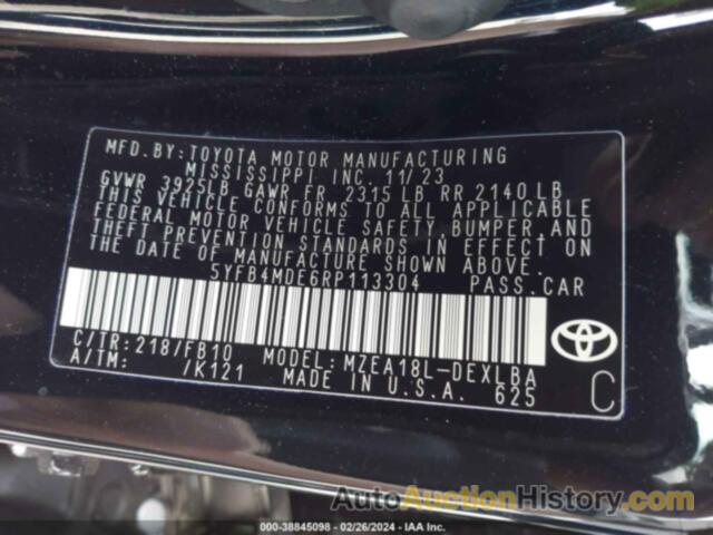 TOYOTA COROLLA LE, 5YFB4MDE6RP113304