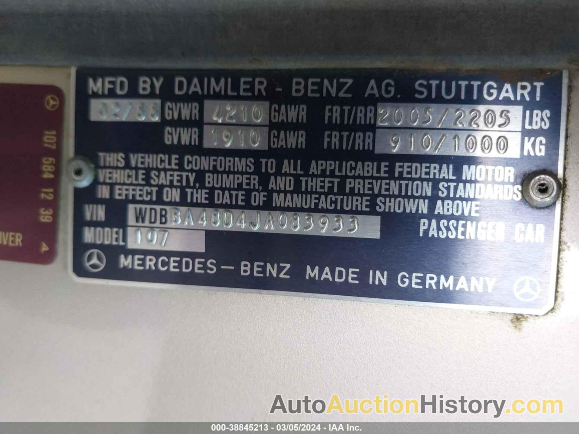 MERCEDES-BENZ 560 SL, WDBBA48D4JA083933