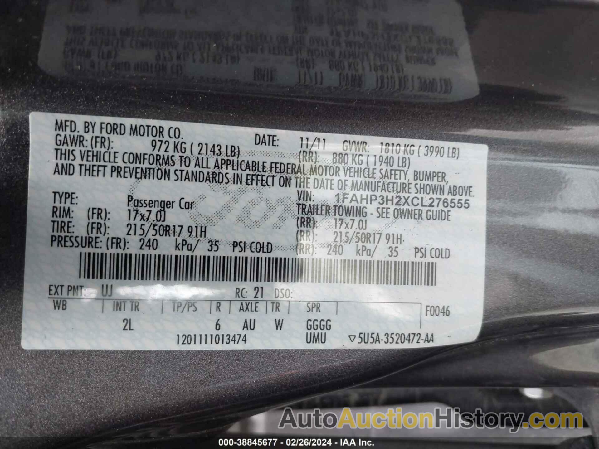 FORD FOCUS SEL, 1FAHP3H2XCL276555