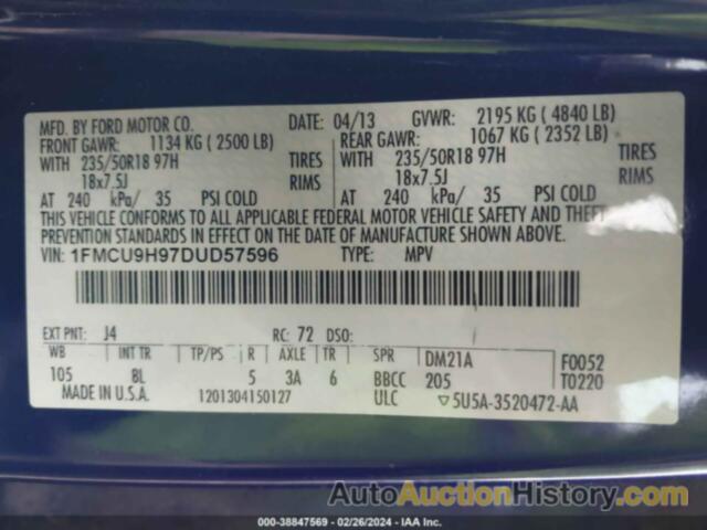 FORD ESCAPE SEL, 1FMCU9H97DUD57596