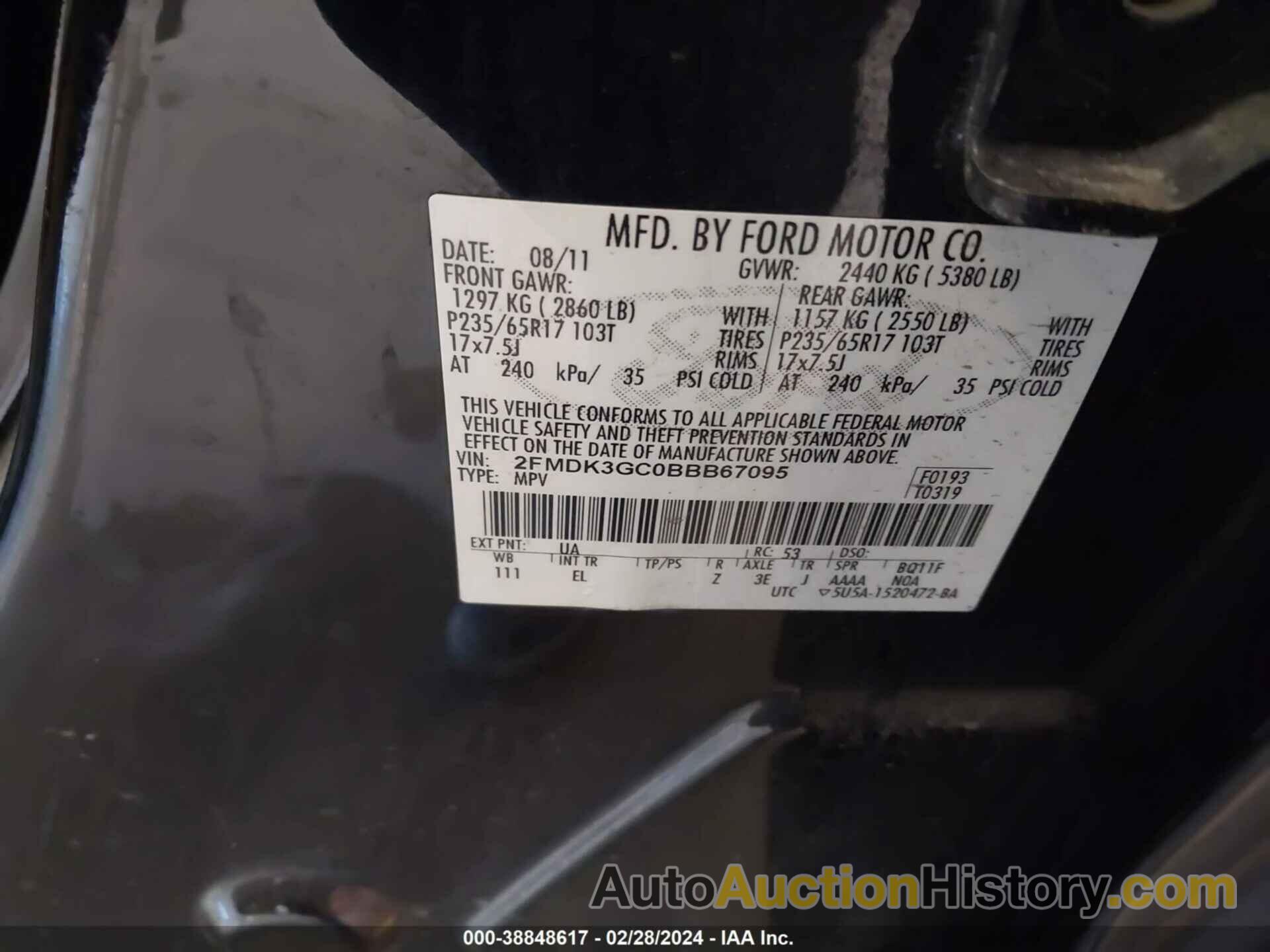 FORD EDGE SE, 2FMDK3GC0BBB67095