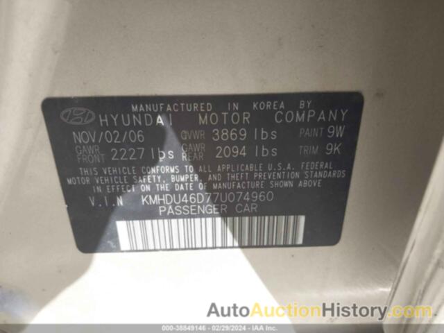 HYUNDAI ELANTRA GLS/LIMITED/SE, KMHDU46D77U074960