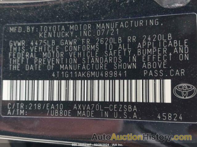 TOYOTA CAMRY SE/SE NIGHT SHADE, 4T1G11AK6MU489841