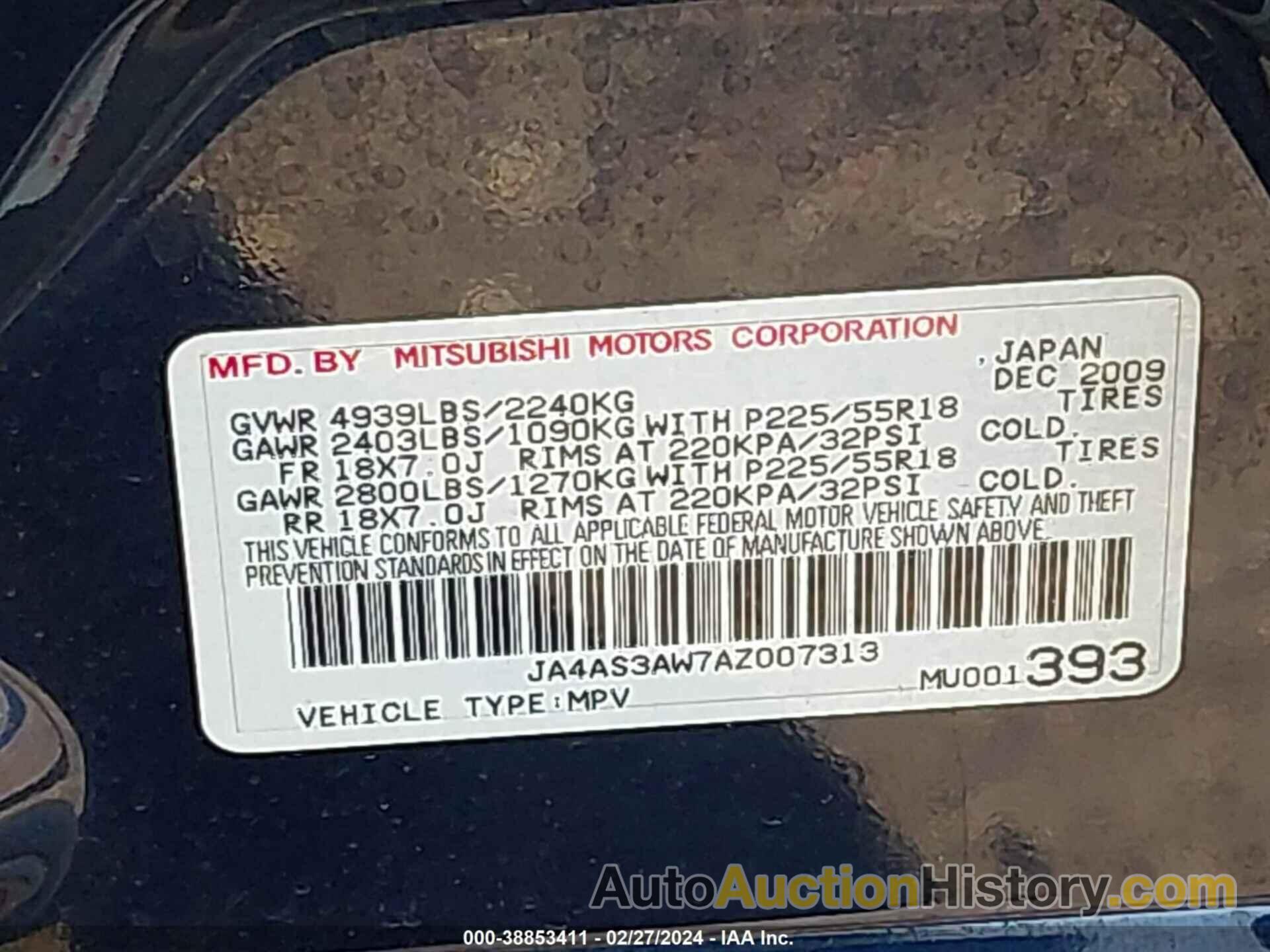 MITSUBISHI OUTLANDER SE, JA4AS3AW7AZ007313