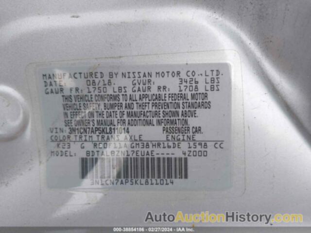 NISSAN VERSA 1.6 SV, 3N1CN7AP5KL811014