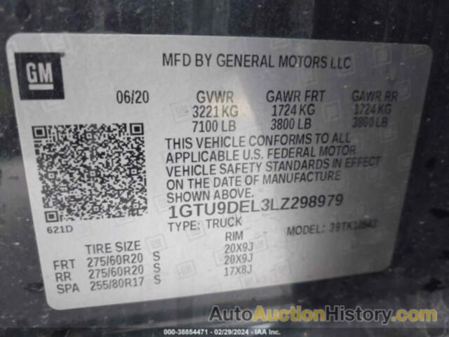 GMC SIERRA 1500 4WD  SHORT BOX SLT, 1GTU9DEL3LZ298979
