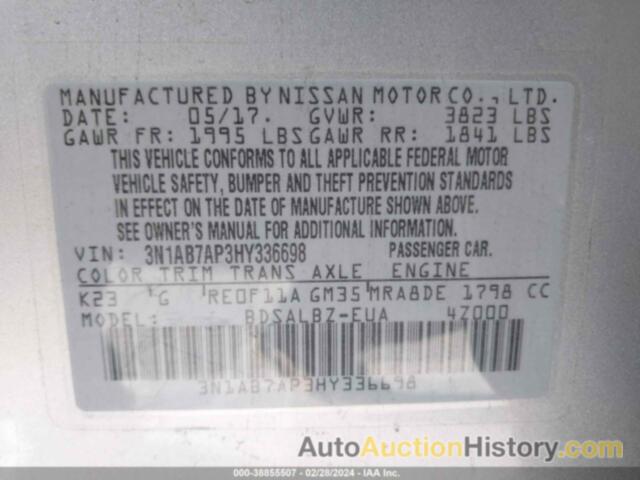 NISSAN SENTRA S, 3N1AB7AP3HY336698