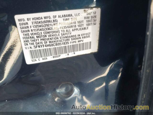 HONDA PILOT EXL, 5FNYF4H68CB051835