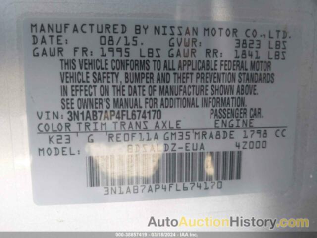 NISSAN SENTRA S/SV/SR/SL, 3N1AB7AP4FL674170