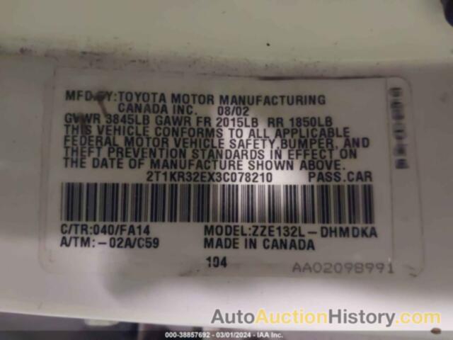 TOYOTA MATRIX STANDARD, 2T1KR32EX3C078210