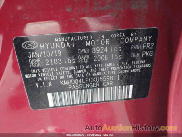 HYUNDAI ELANTRA SEL, KMHD84LF0KU859811