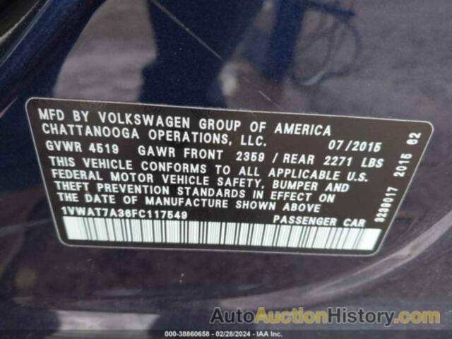 VOLKSWAGEN PASSAT 1.8T LIMITED EDITION, 1VWAT7A36FC117549