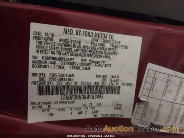 FORD FOCUS SEL, 1FAHP3HN3BW183495