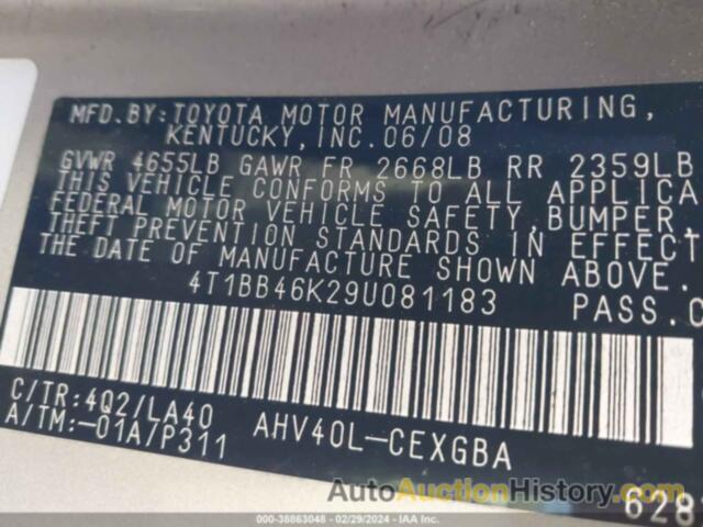 TOYOTA CAMRY HYBRID, 4T1BB46K29U081183