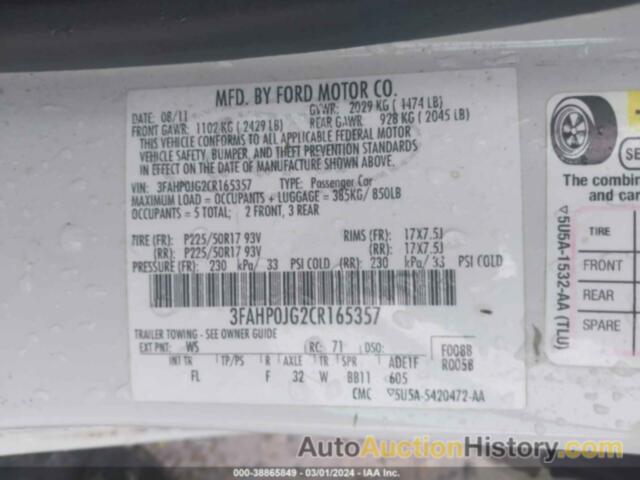 FORD FUSION SEL, 3FAHP0JG2CR165357