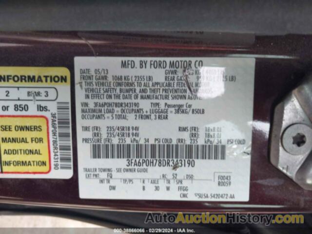 FORD FUSION SE, 3FA6P0H78DR343190