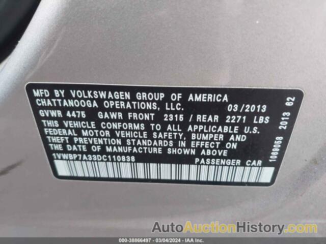 VOLKSWAGEN PASSAT 2.5L SE, 1VWBP7A33DC110838