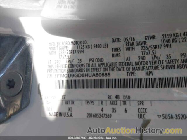 FORD ESCAPE SE, 1FMCU9GD6HUA60685