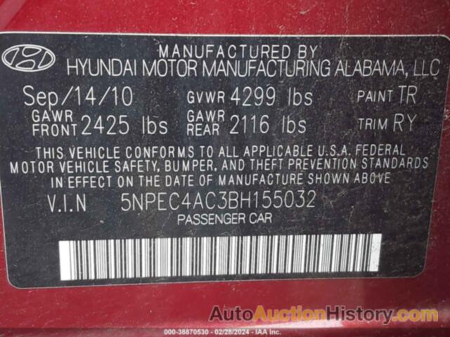 HYUNDAI SONATA SE, 5NPEC4AC3BH155032