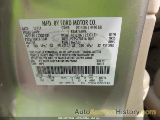 FORD ESCAPE XLT, 1FMCU0D74CKB57592