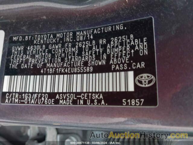 TOYOTA CAMRY L/SE/LE/XLE, 4T1BF1FK4EU855589