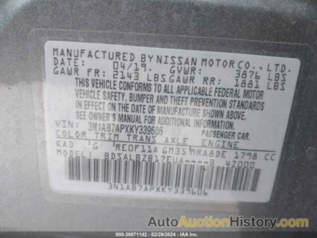 NISSAN SENTRA S/SV/SR/SL, 3N1AB7APXKY339606