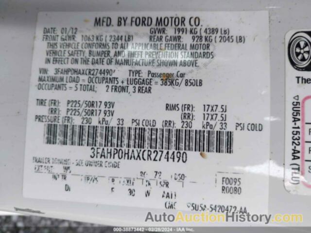 FORD FUSION SE, 3FAHP0HAXCR274490