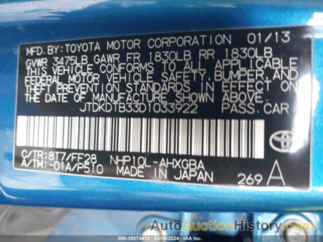 TOYOTA PRIUS C THREE, JTDKDTB33D1033922