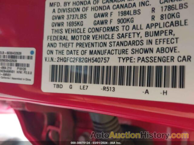 HONDA CIVIC EX, 2HGFC2F82GH540757