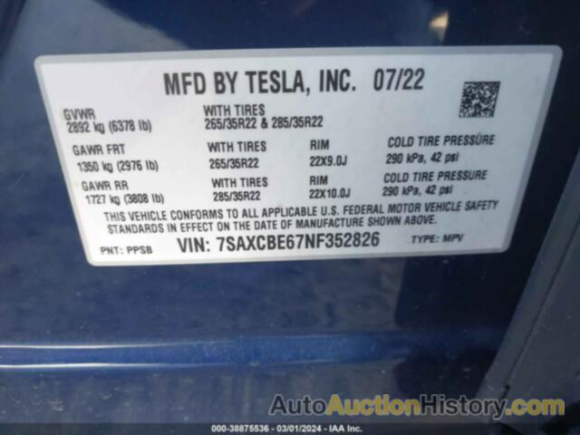 TESLA MODEL X PLAID TRI MOTOR ALL-WHEEL DRIVE, 7SAXCBE67NF352826