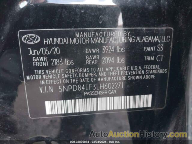 HYUNDAI ELANTRA SEL, 5NPD84LF3LH602271