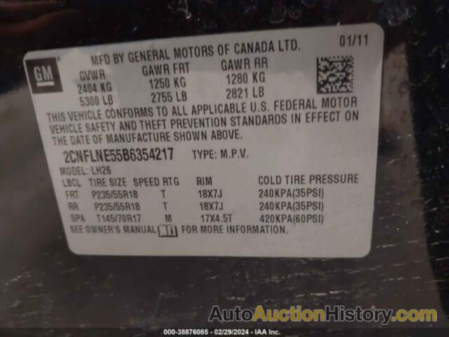 CHEVROLET EQUINOX 2LT, 2CNFLNE55B6354217