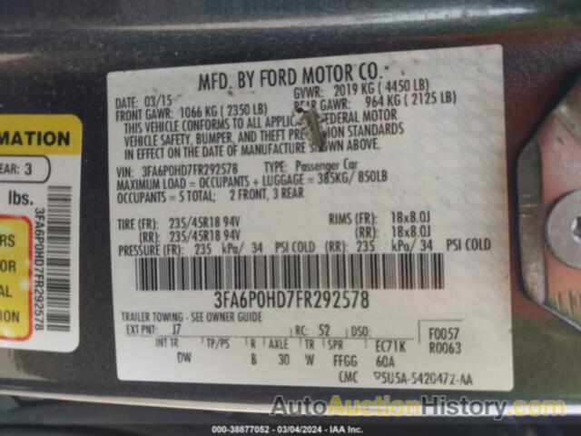 FORD FUSION SE, 3FA6P0HD7FR292578