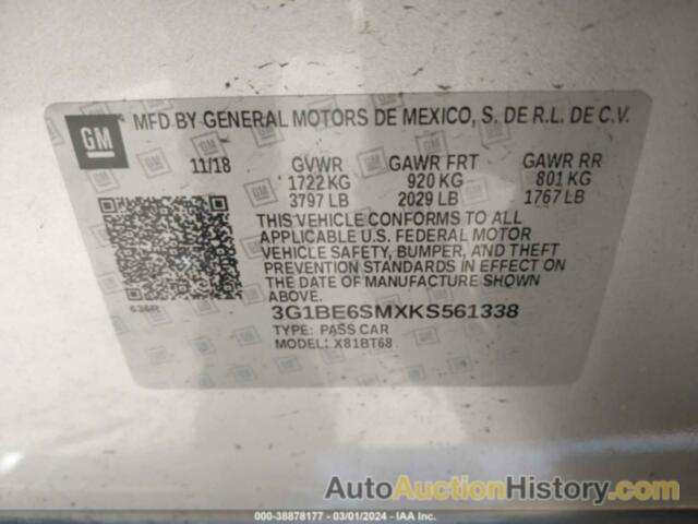 CHEVROLET CRUZE LT, 3G1BE6SMXKS561338